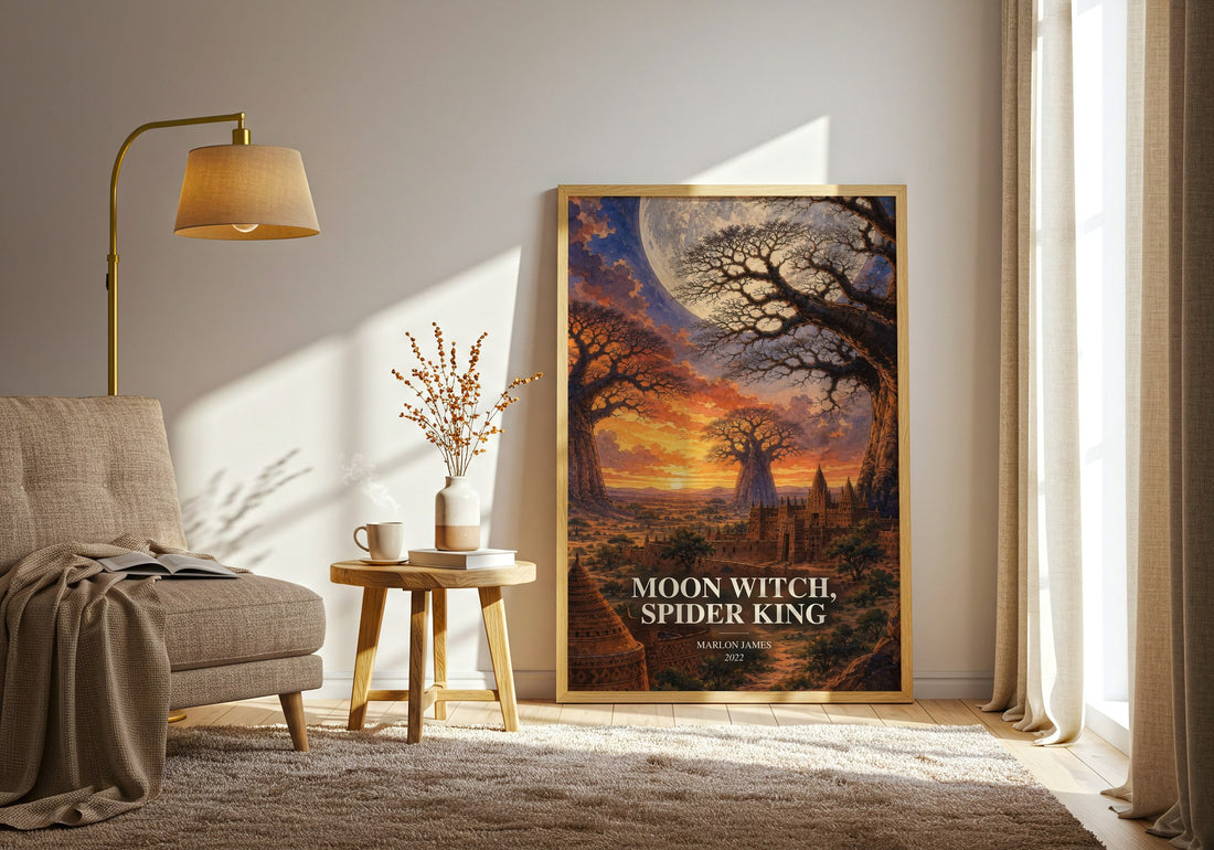 Moon Witch, Spider King watercolour print in frame leaning in hallway – fantasy wall art