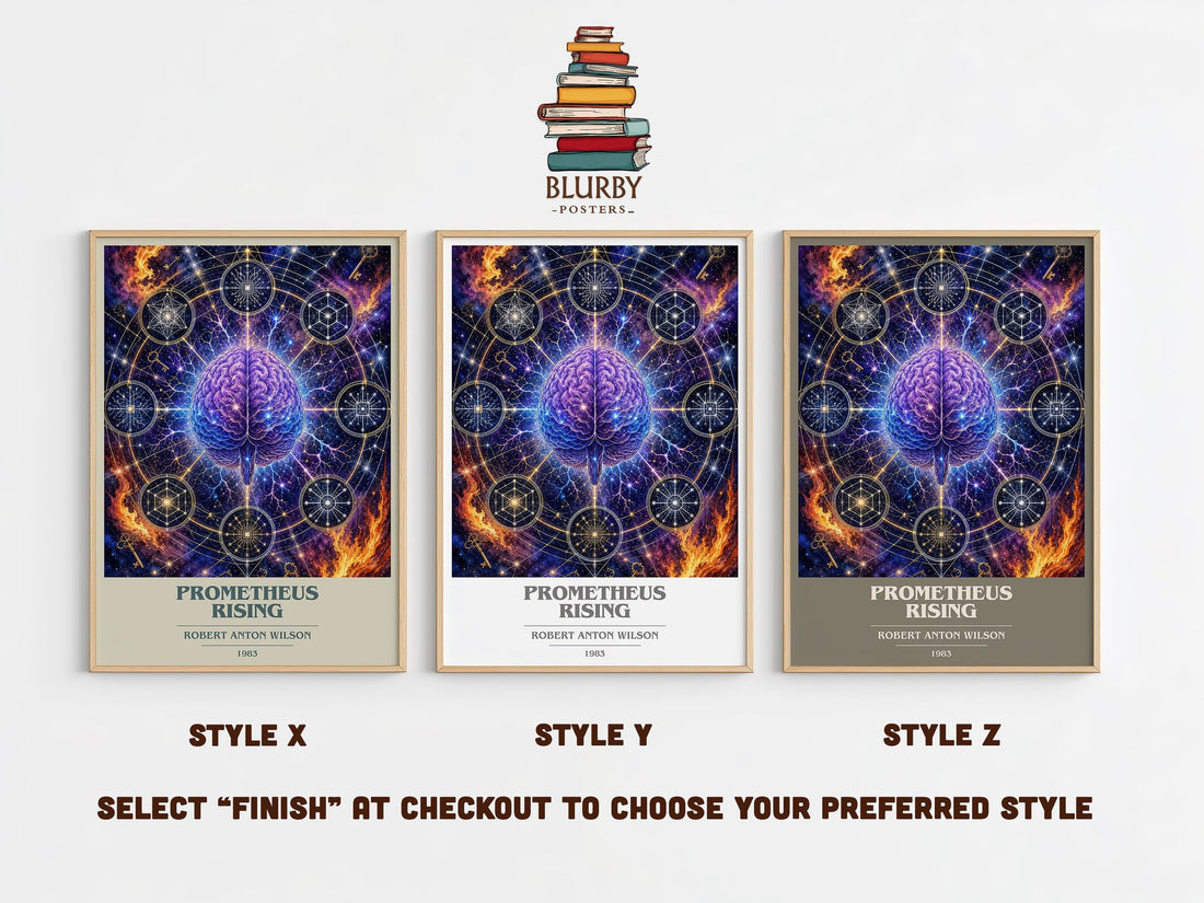 Prometheus Rising book cover print in frame leaning in hallway – philosophy wall art (mockup)