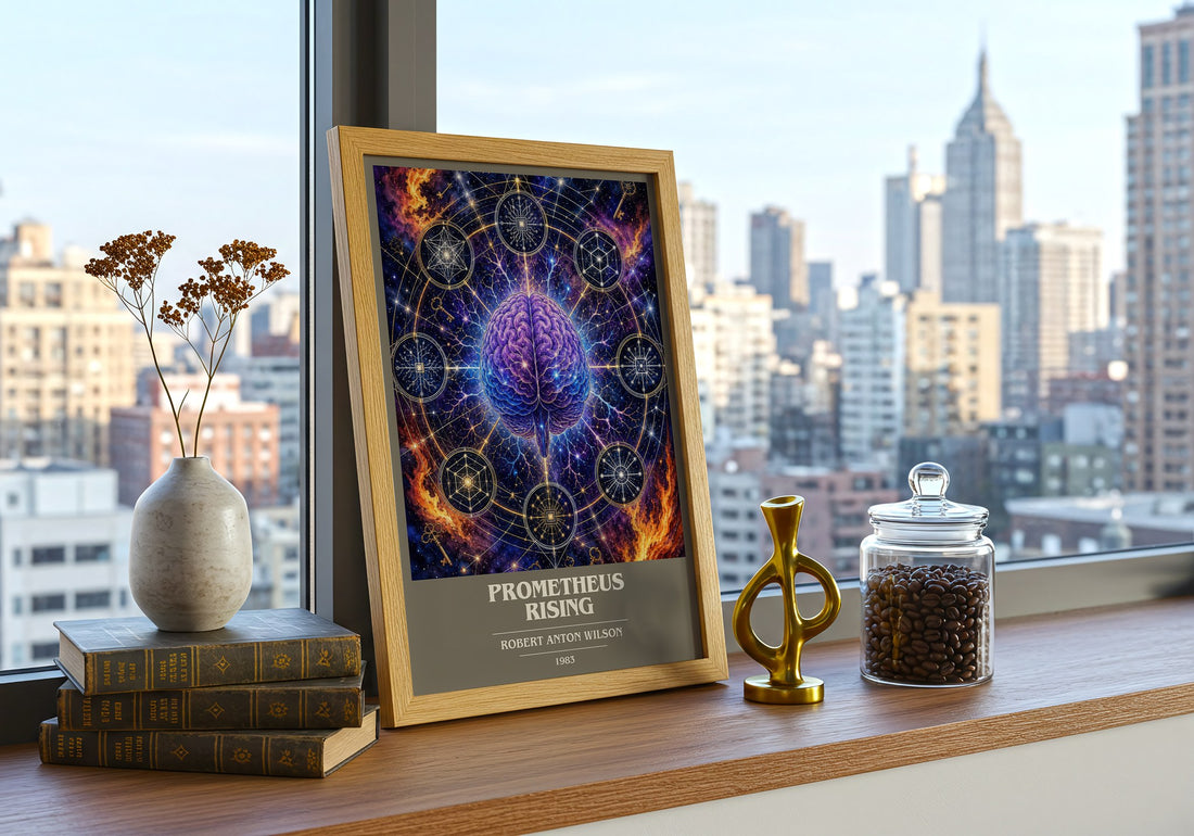 Prometheus Rising book cover print framed by window – literary home decor