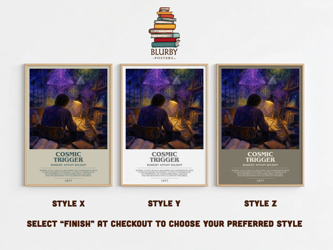 Cosmic Trigger bookish print in frame leaning in hallway – non fiction wall art (mockup)