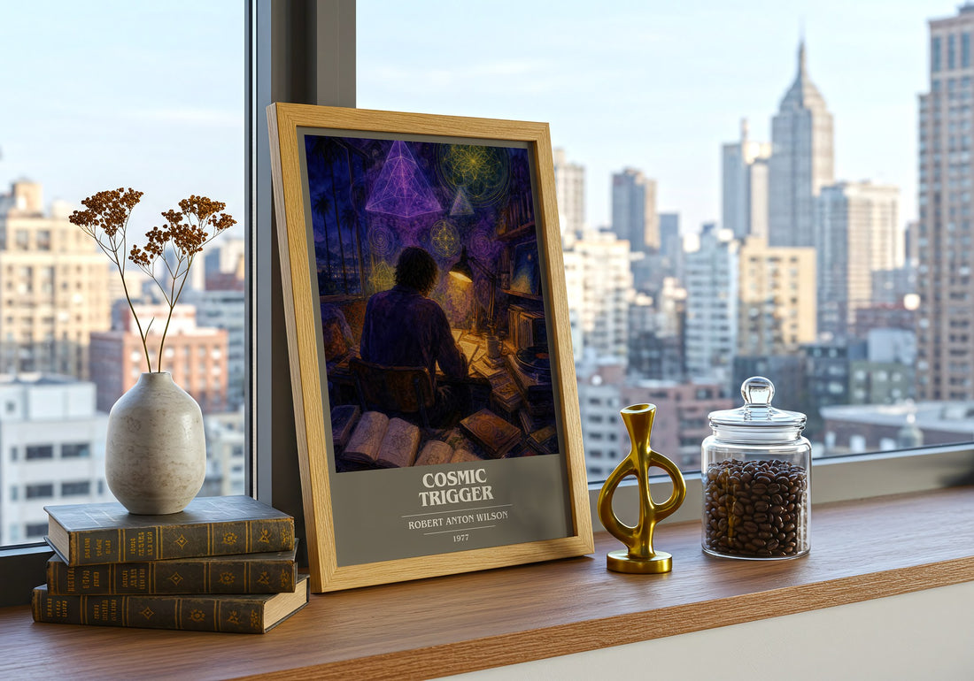 Cosmic Trigger book cover print framed by window – literary home decor