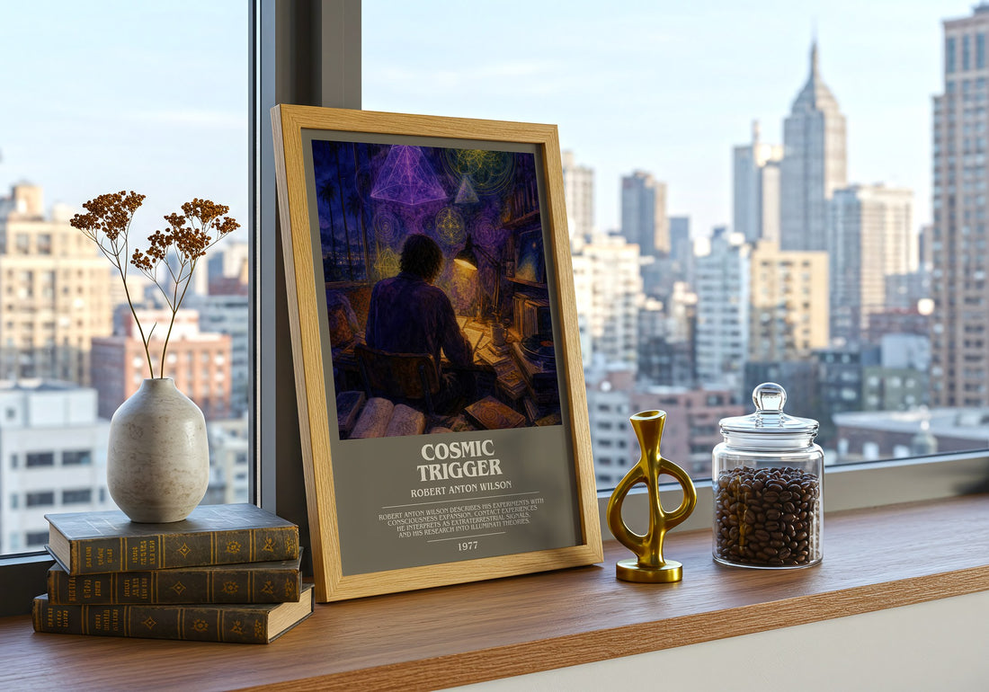 Cosmic Trigger bookish print framed by window – literary home decor