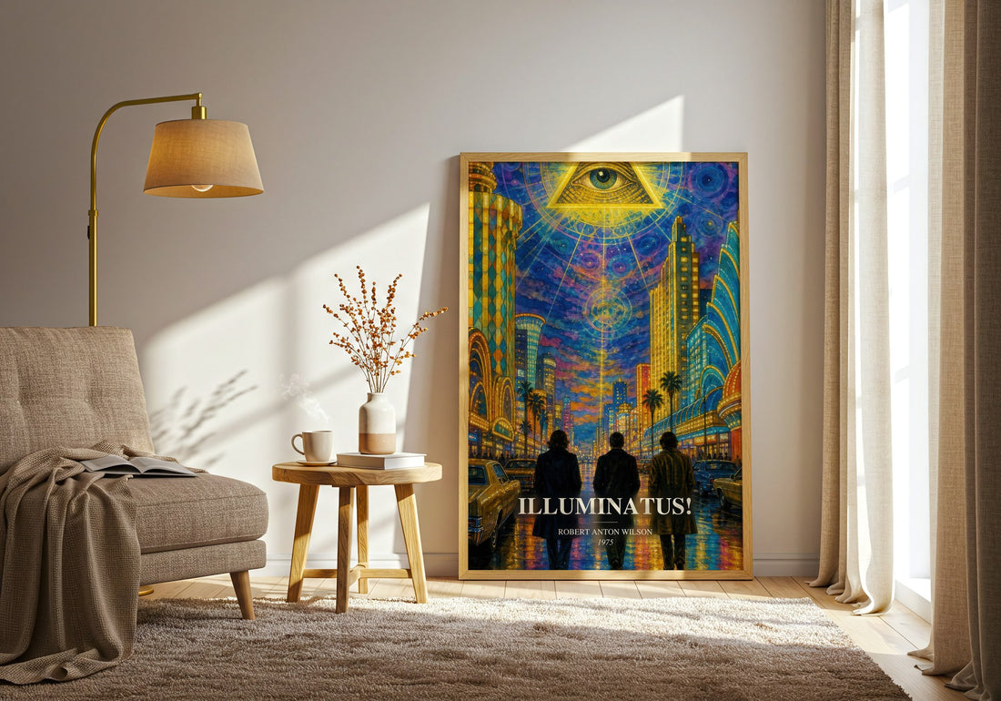 Illuminatus! watercolour print in frame leaning in hallway – sci fi wall art