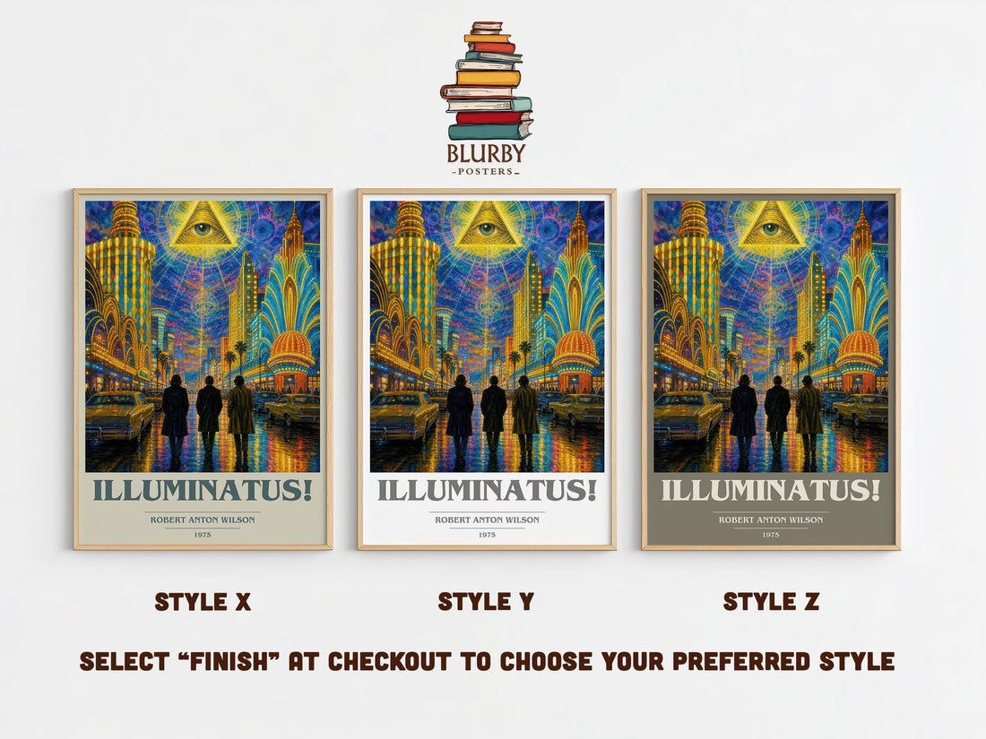 Illuminatus! book cover print in frame leaning in hallway – sci fi wall art (mockup)
