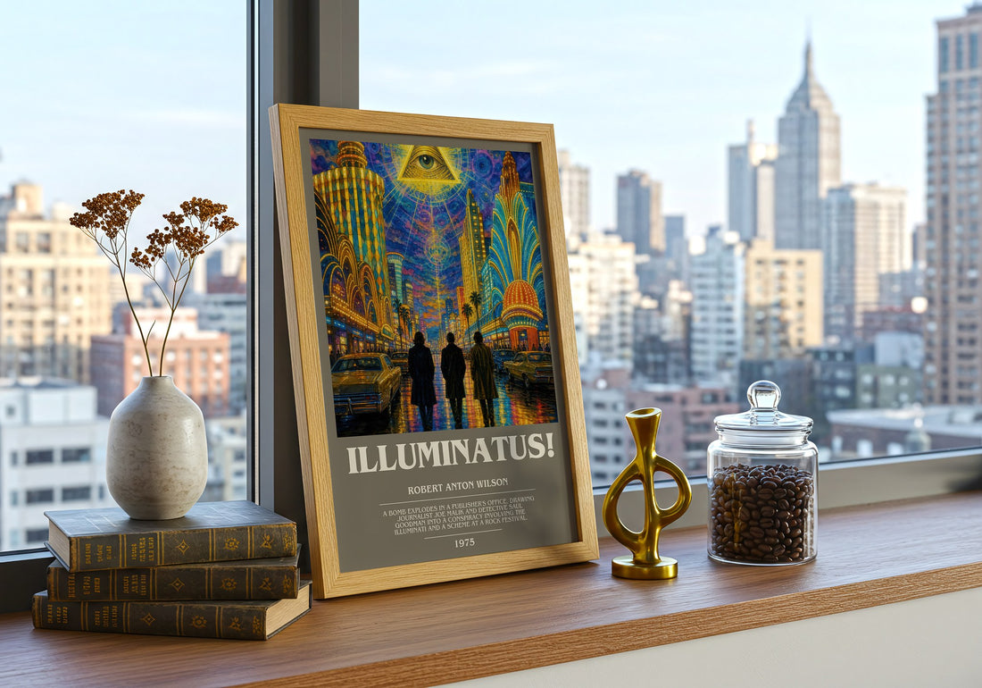 Illuminatus! bookish print framed by window – literary home decor