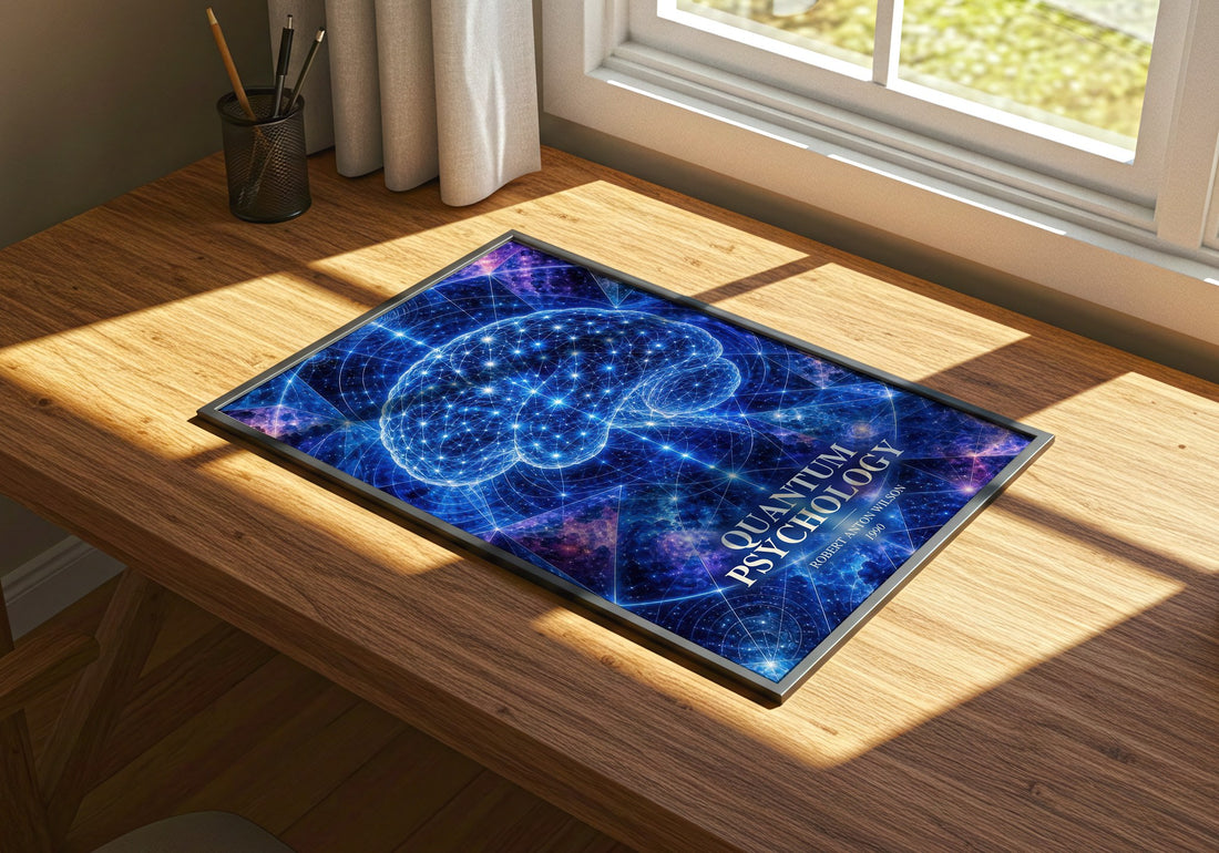 Quantum psychology watercolour book poster framed on wall – philosophy wall art
