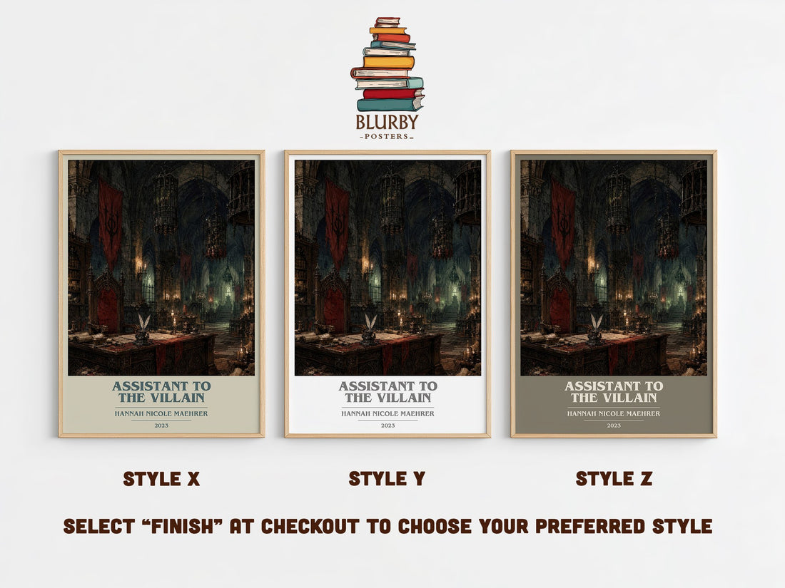 Assistant to the Villain book cover print in frame leaning in hallway – fantasy wall art (mockup)