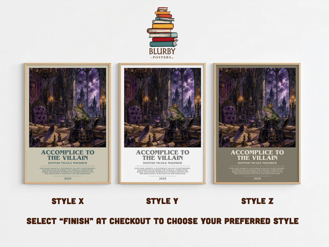 Accomplice to the Villain bookish print in frame leaning in hallway – fantasy wall art (mockup)