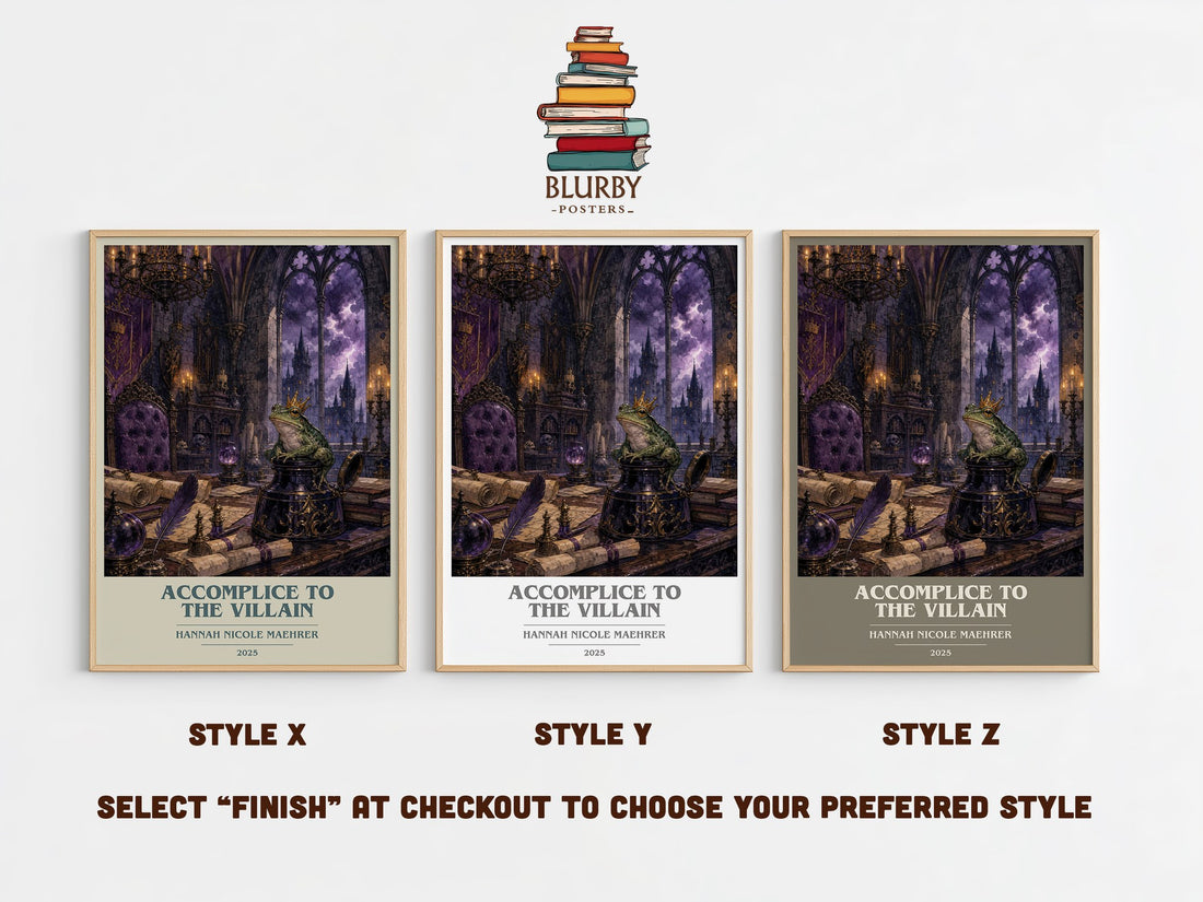 Accomplice to the Villain book cover print in frame leaning in hallway – fantasy wall art (mockup)