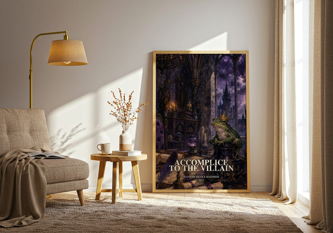 Accomplice to the Villain watercolour print in frame leaning in hallway – fantasy wall art
