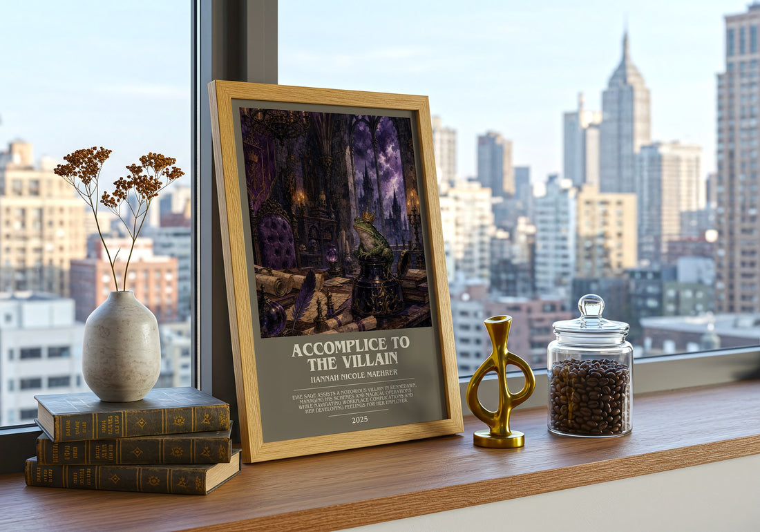 Accomplice to the Villain bookish print framed by window – literary home decor