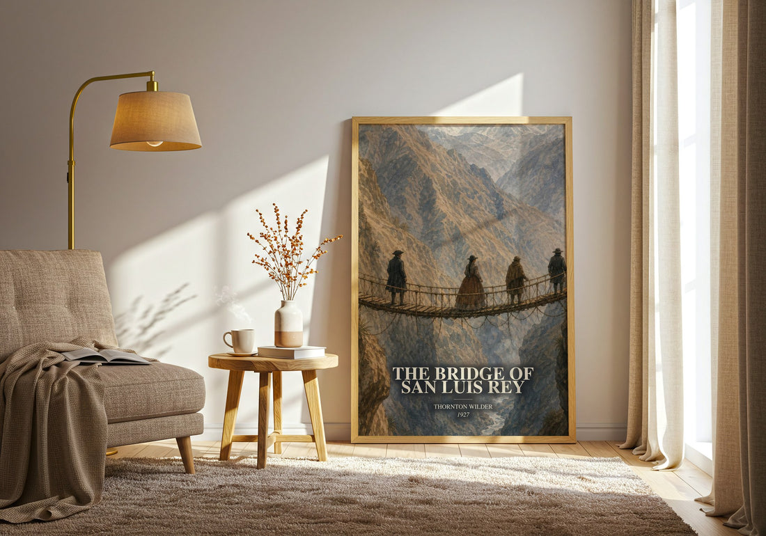 The Bridge of San Luis Rey watercolour print in frame leaning in hallway – literary fiction wall art