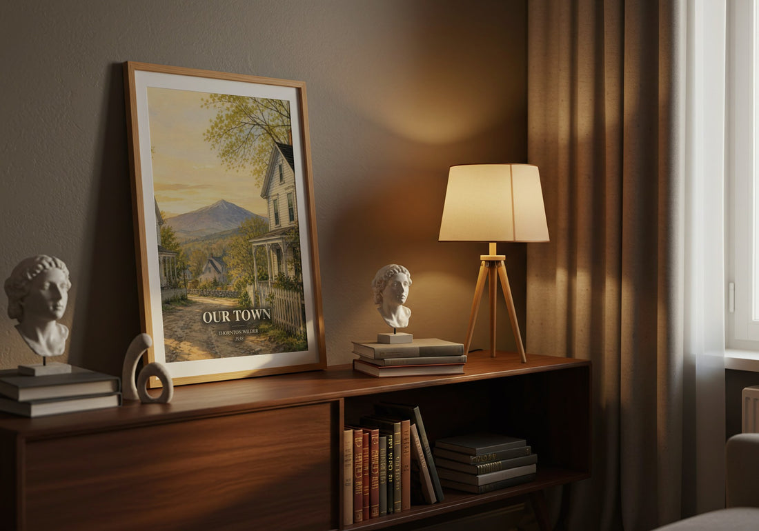 Our town watercolour print on bookshelf – Thornton Wilder fan gift