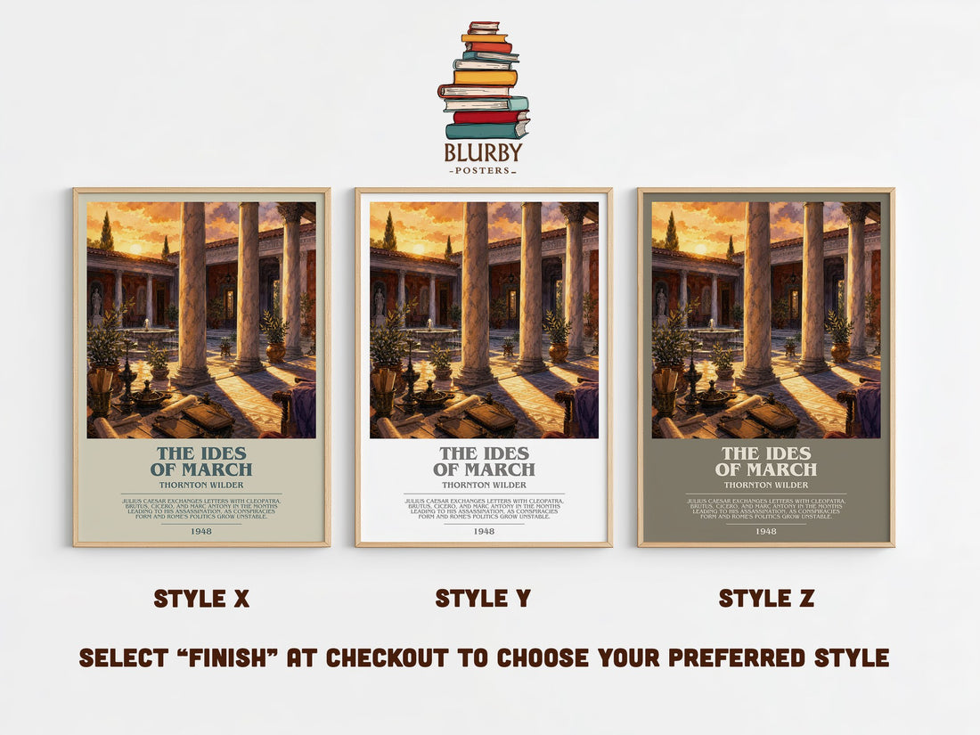 The Ides of March bookish print in frame leaning in hallway – historical fiction wall art (mockup)