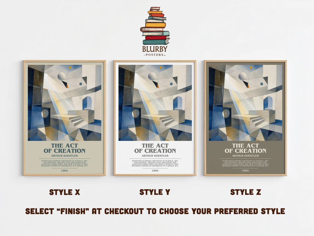 The act of creation bookish print in frame leaning in hallway – non fiction wall art (mockup)