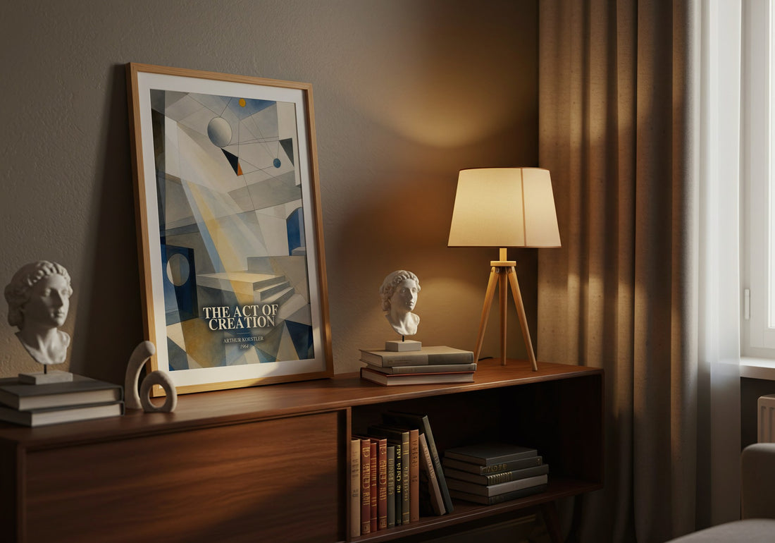 The act of creation watercolour print on bookshelf – Arthur Koestler fan gift