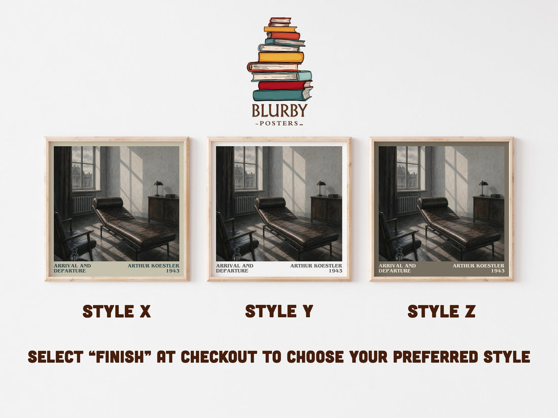 Arrival and Departure literary print in frame leaning in hallway – literary fiction wall art (mockup)