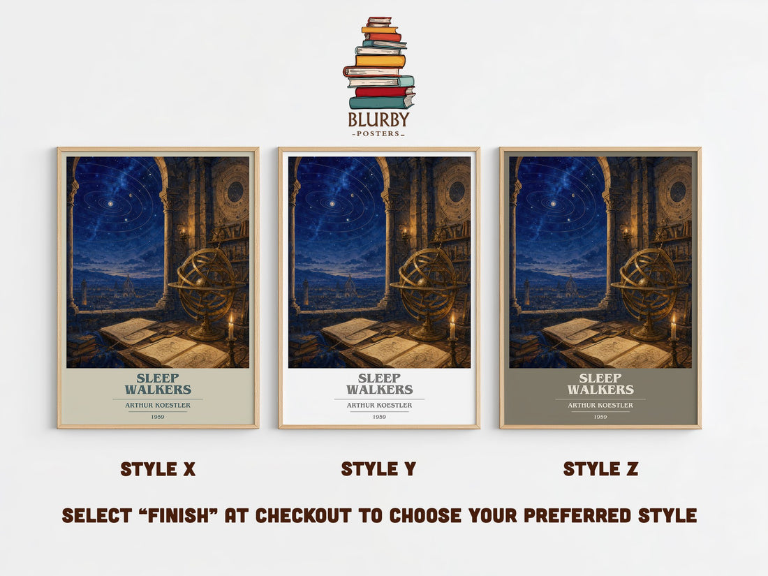 Sleep walkers book cover print in frame leaning in hallway – non fiction wall art (mockup)