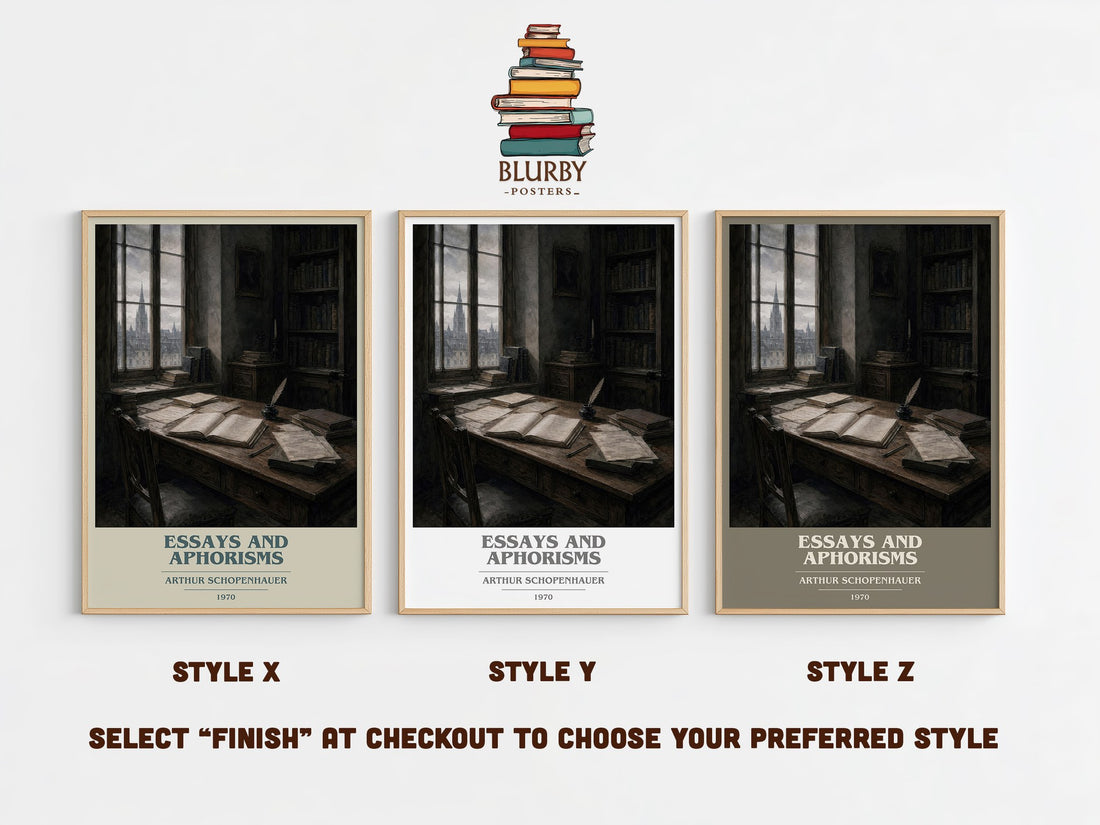 Essays and aphorisms book cover print in frame leaning in hallway – philosophy wall art (mockup)