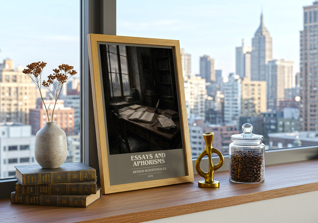 Essays and aphorisms book cover print framed by window – literary home decor
