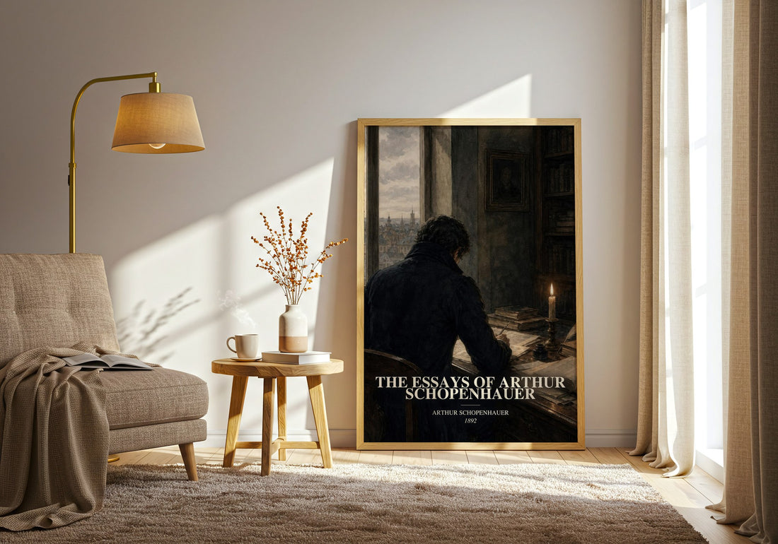 The Essays Of Arthur Schopenhauer watercolour print in frame leaning in hallway – philosophy wall art