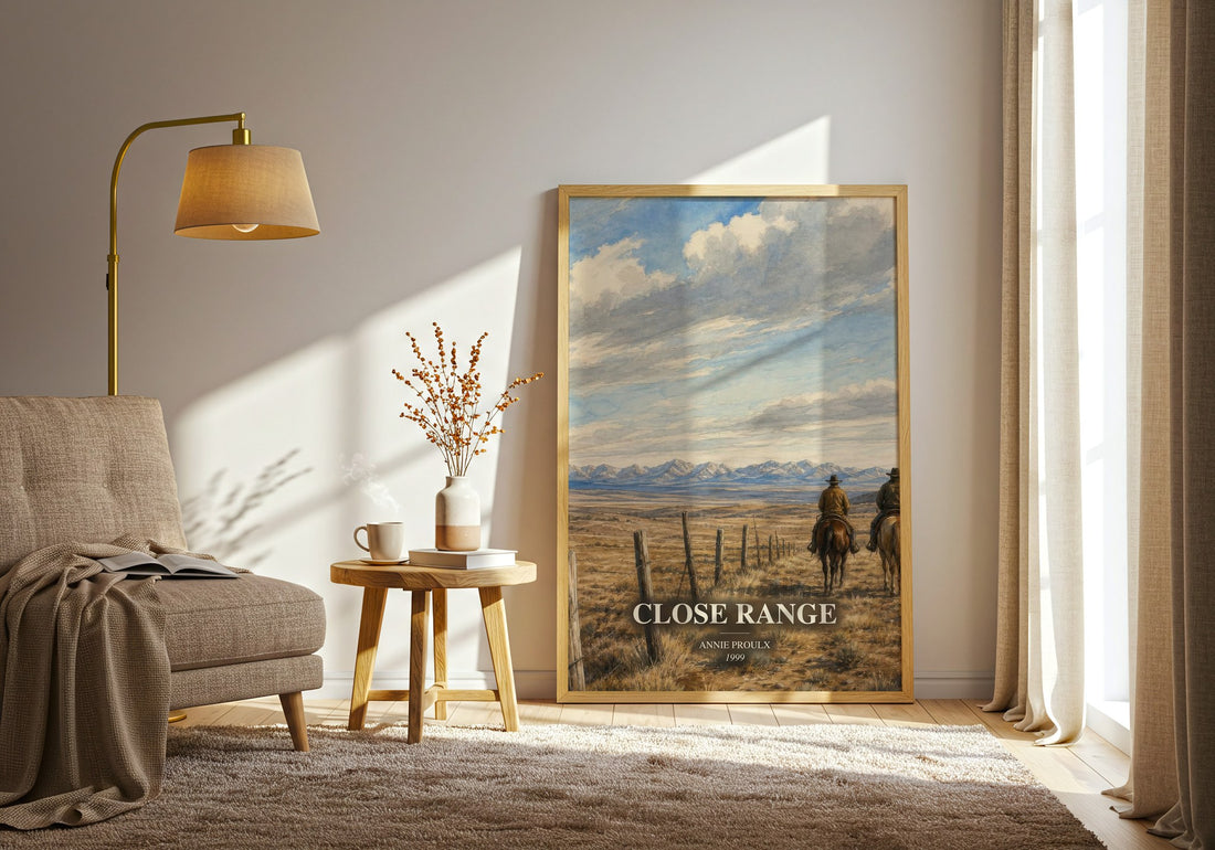 Close Range watercolour print in frame leaning in hallway – literary fiction wall art