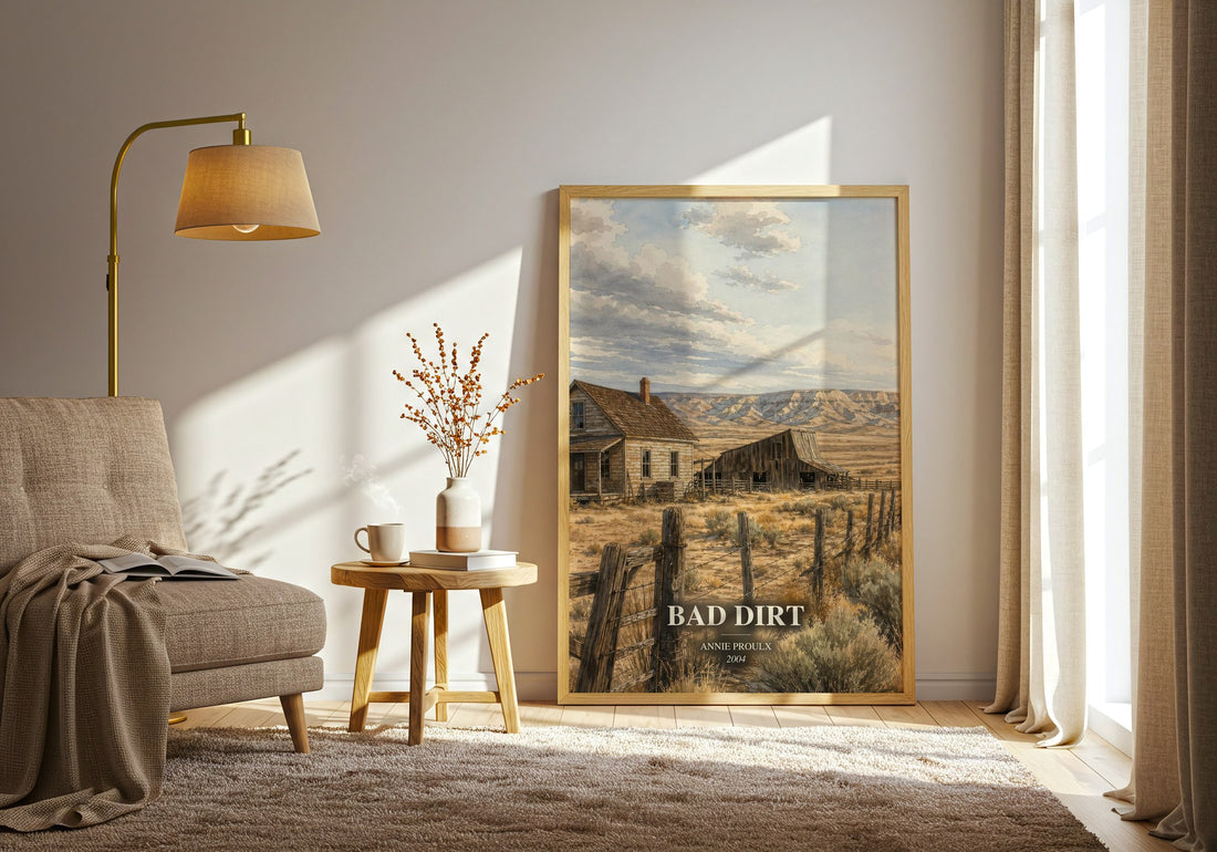 Bad Dirt watercolour print in frame leaning in hallway – literary fiction wall art