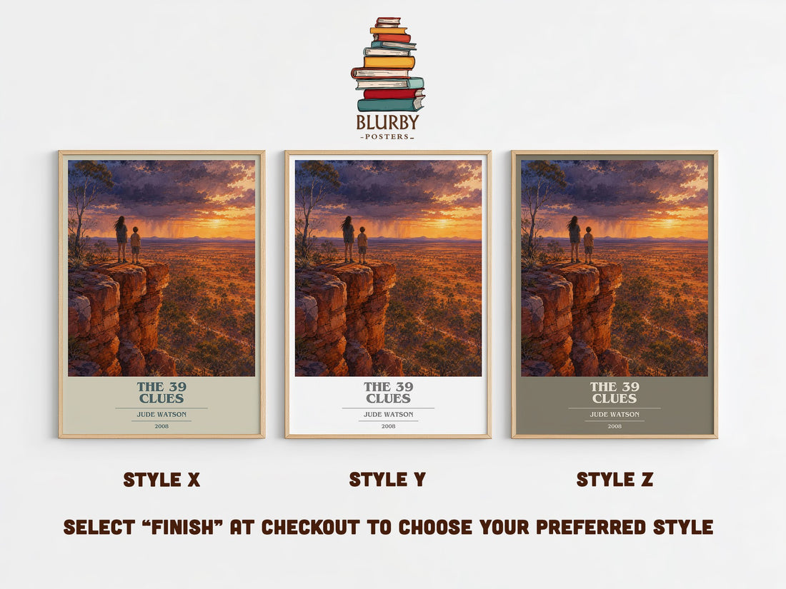 The 39 Clues book cover print in frame leaning in hallway – adventure wall art (mockup)