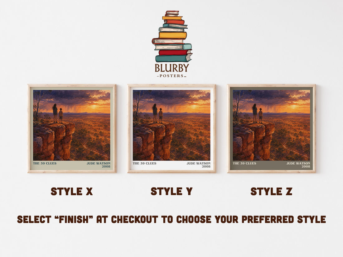 The 39 Clues literary print in frame leaning in hallway – adventure wall art (mockup)