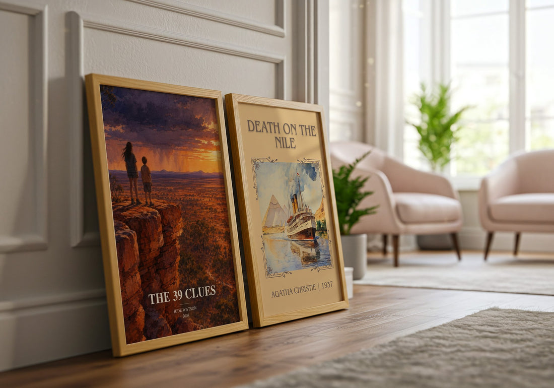 The 39 Clues watercolour print framed by window – literary home decor