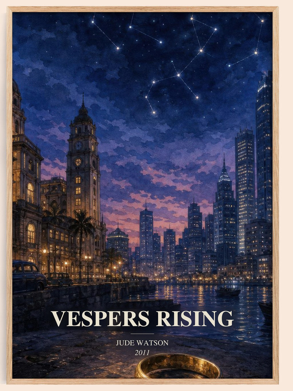 Vespers Rising watercolour book poster by Jude Watson – framed literary art print