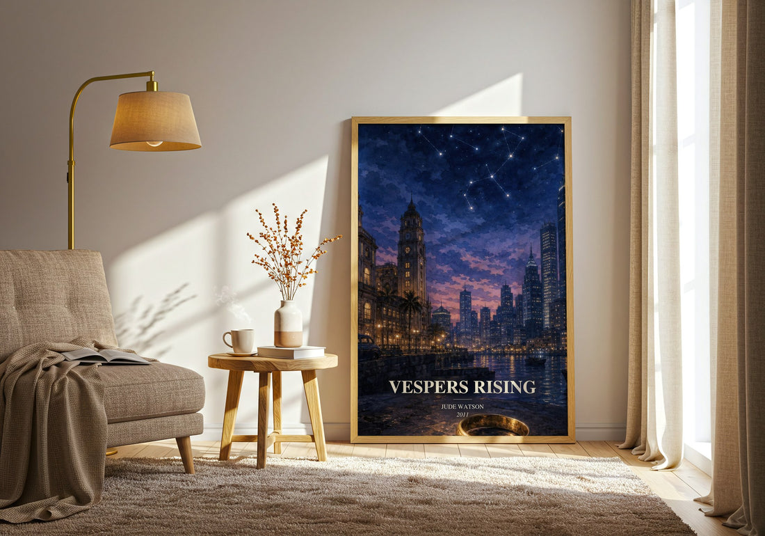 Vespers Rising watercolour print in frame leaning in hallway – adventure wall art