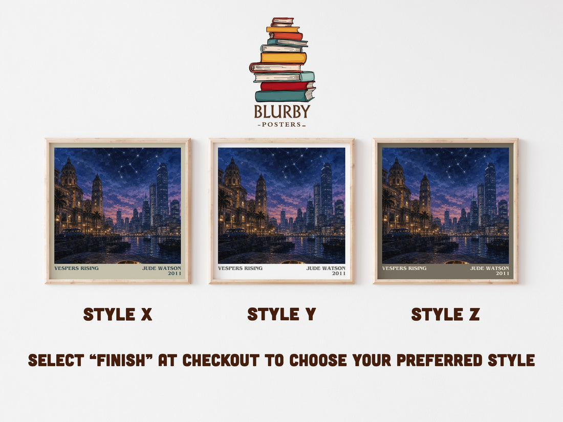 Vespers Rising literary print in frame leaning in hallway – adventure wall art (mockup)