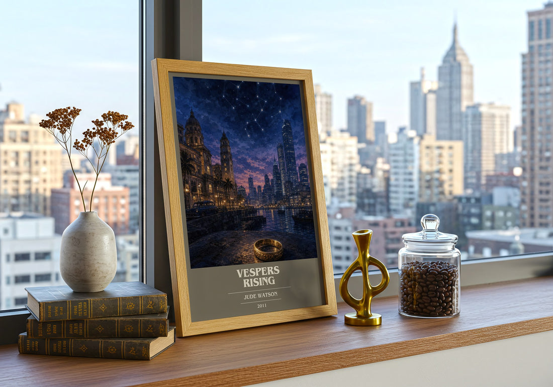 Vespers Rising book cover print framed by window – literary home decor