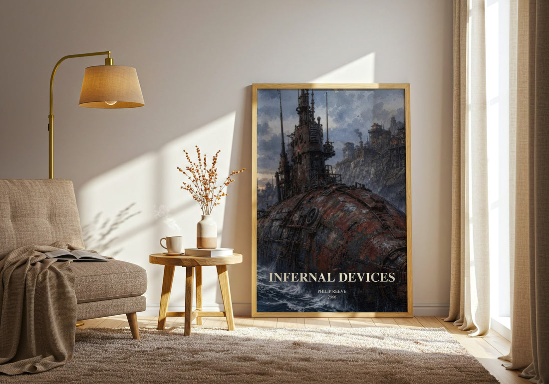 Infernal devices watercolour print in frame leaning in hallway – young adult wall art