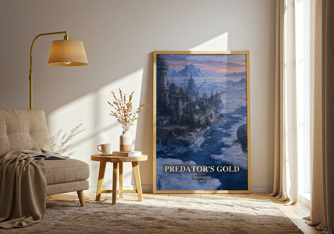 Predator's Gold watercolour print in frame leaning in hallway – sci fi wall art