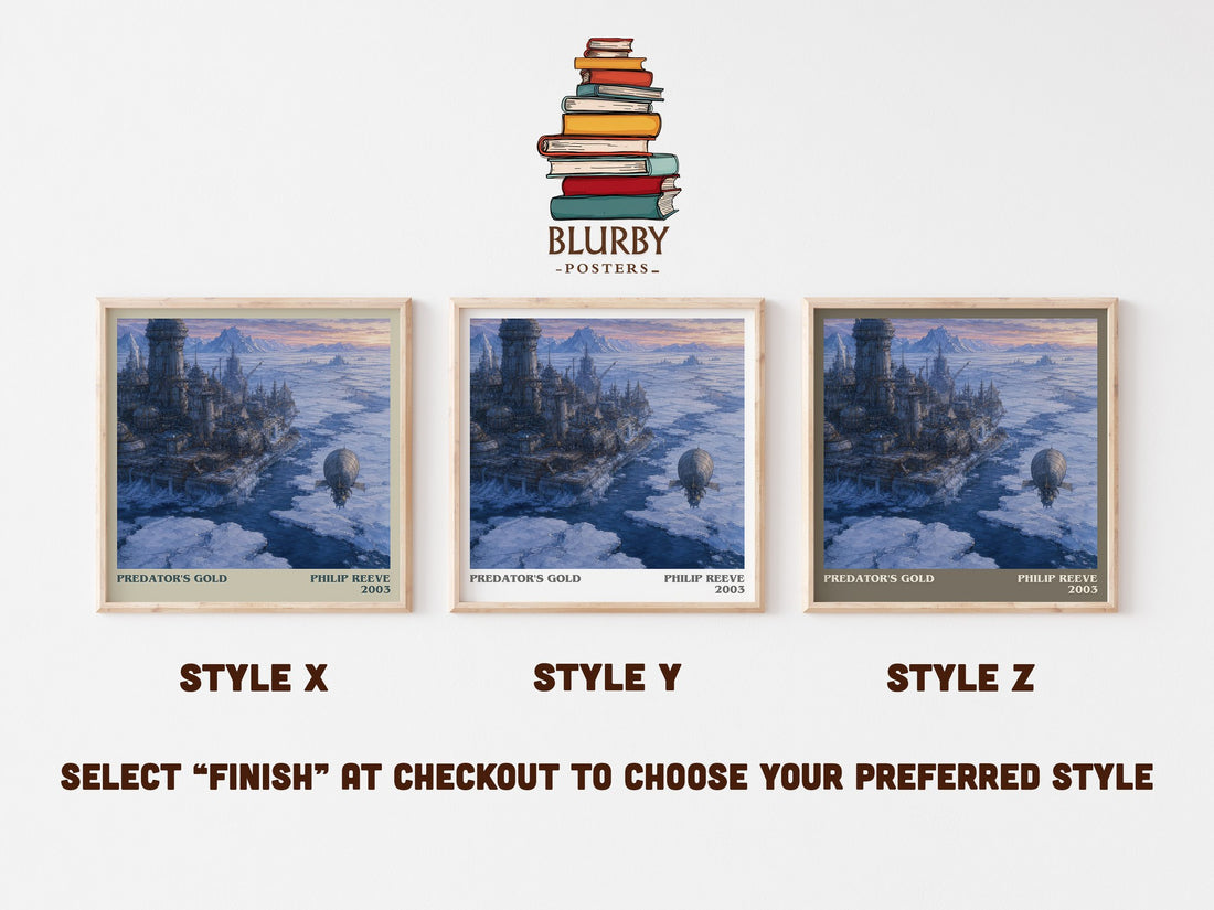 Predator's Gold literary print in frame leaning in hallway – sci fi wall art (mockup)