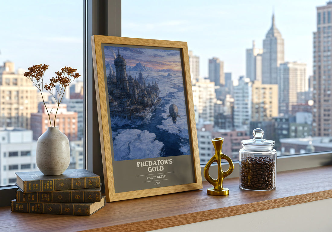 Predator's Gold Book Cover Poster by Philip Reeve – framed print on a city-view windowsill