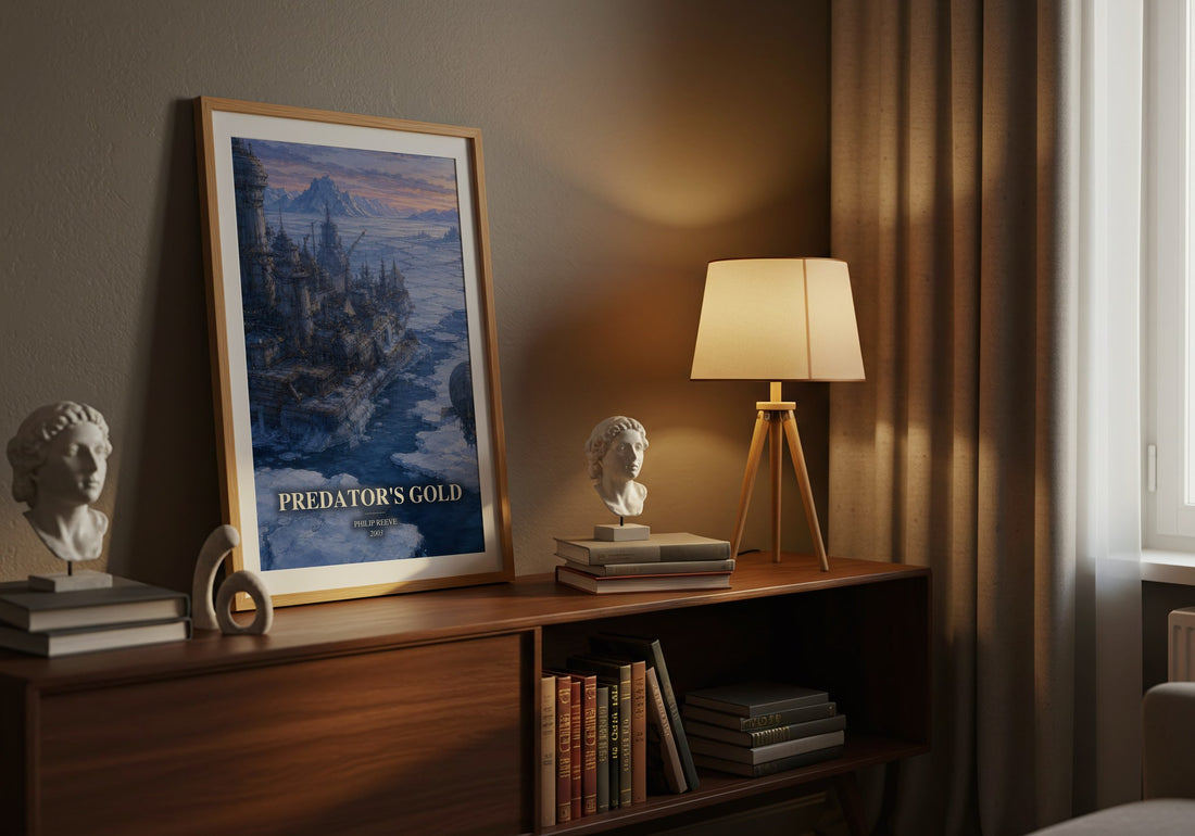 Predator's Gold watercolour print on bookshelf – Philip Reeve fan gift