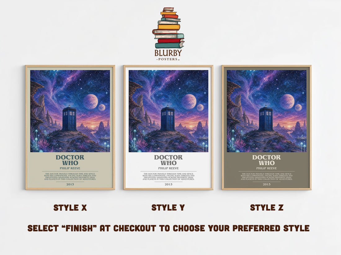 Doctor Who bookish print in frame leaning in hallway – sci fi wall art (mockup)