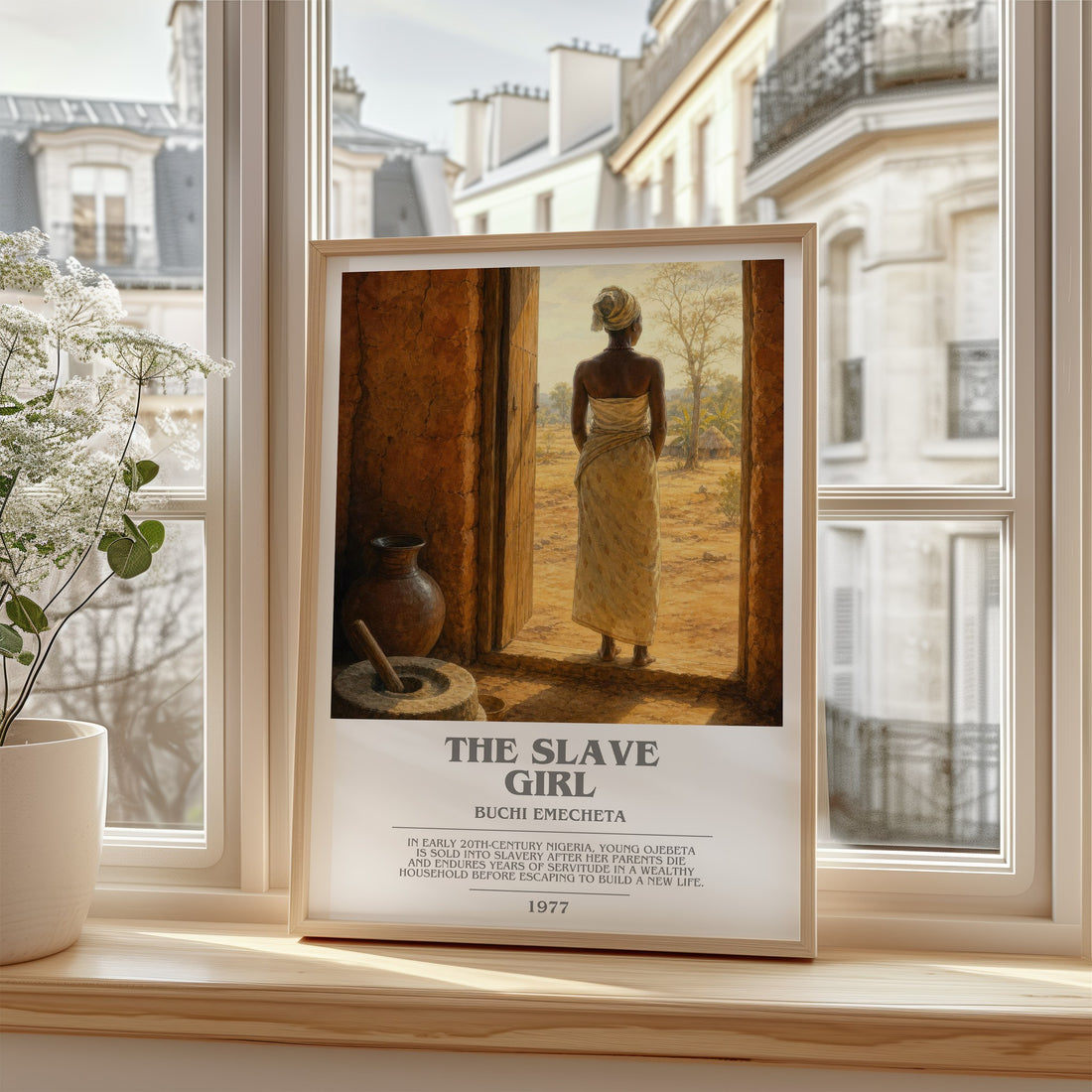 The slave girl Bookish Wall Art by Buchi Emecheta – framed print by a bright window