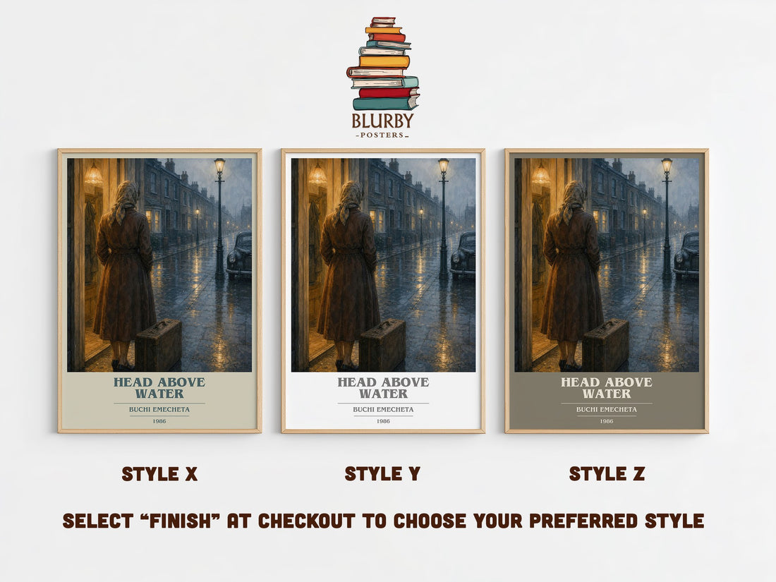 Head above water book cover print in frame leaning in hallway – memoir wall art (mockup)