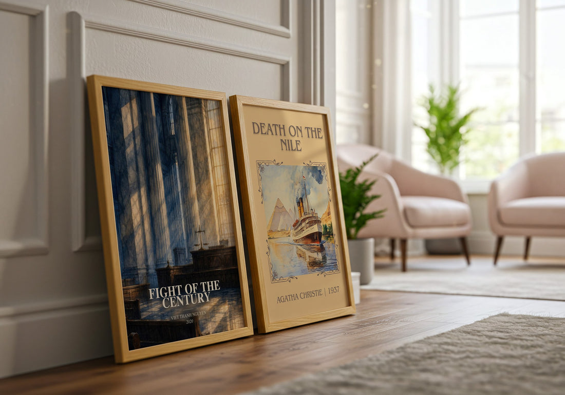 Fight of the Century watercolour print framed by window – literary home decor