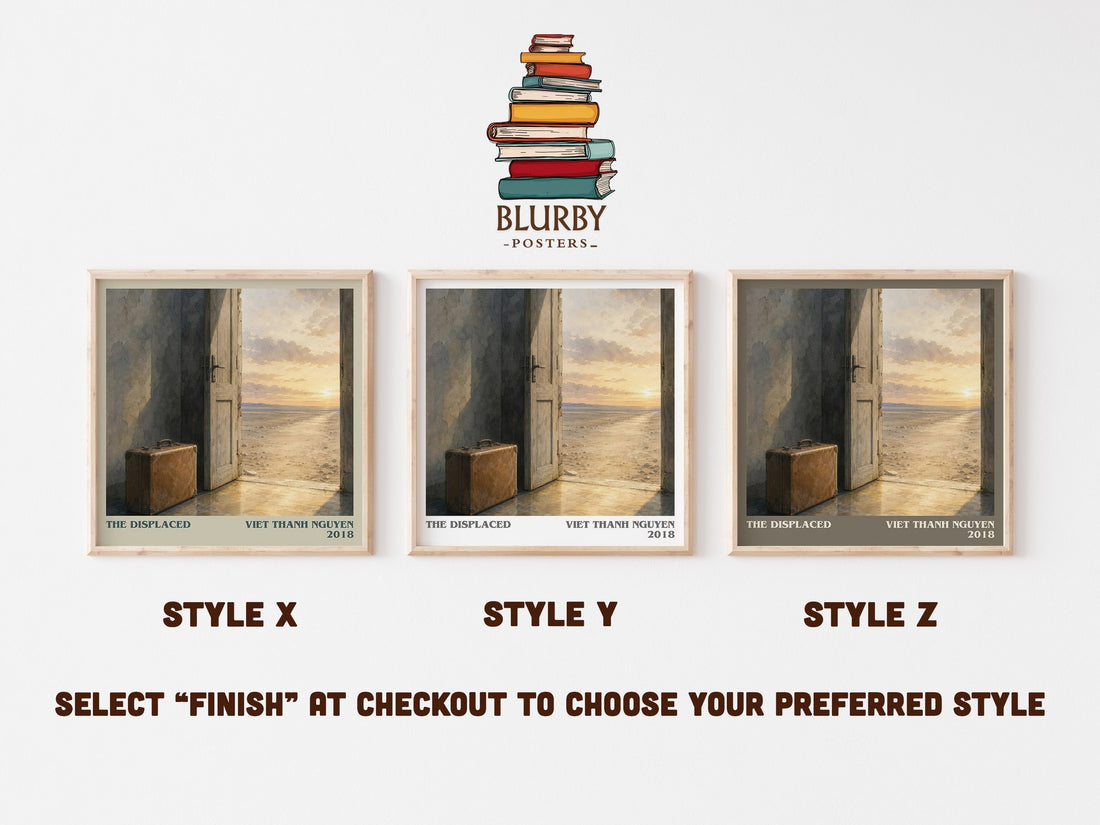 The Displaced literary print in frame leaning in hallway – non fiction wall art (mockup)