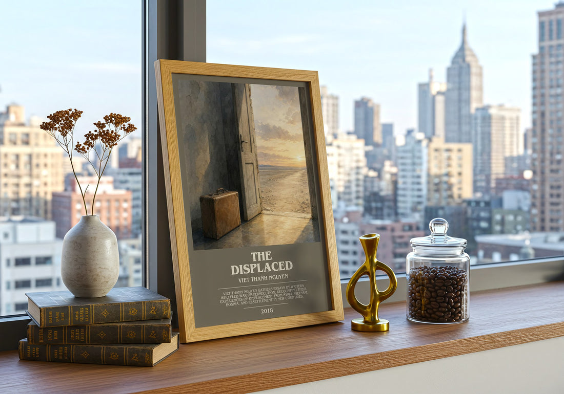 The Displaced bookish print framed by window – literary home decor