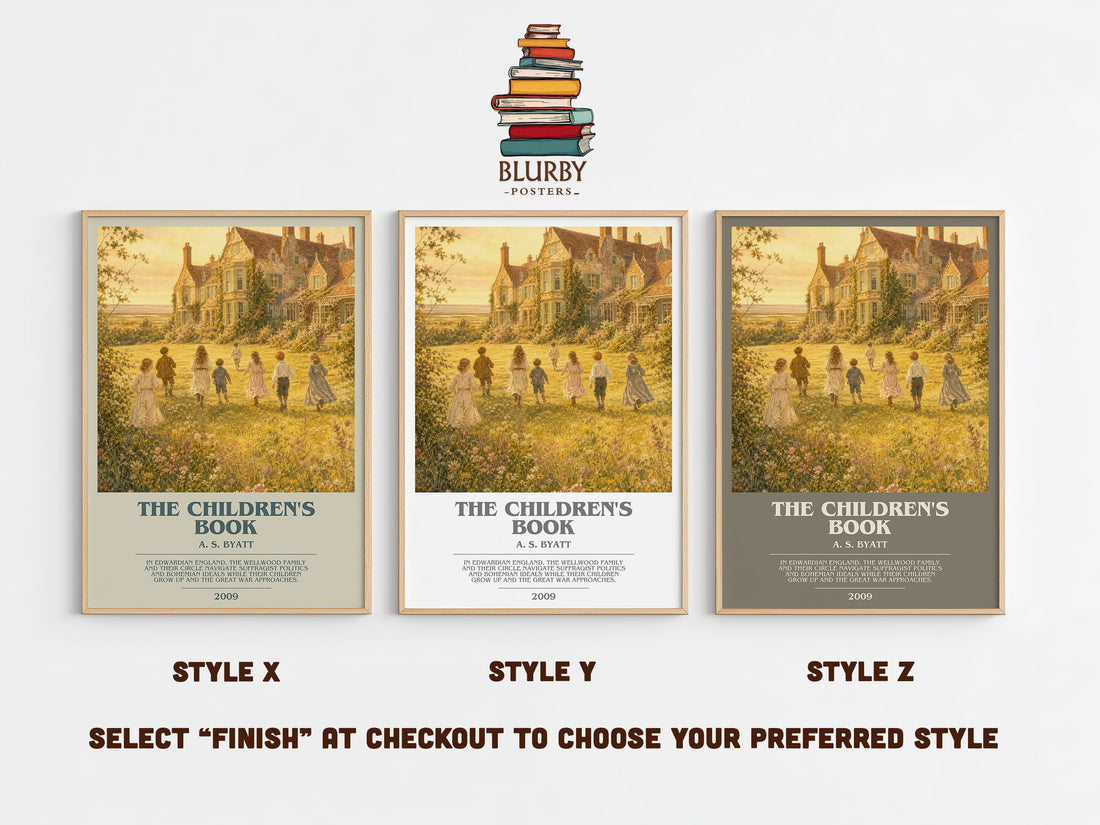 The Children's Book bookish print in frame leaning in hallway – historical fiction wall art (mockup)
