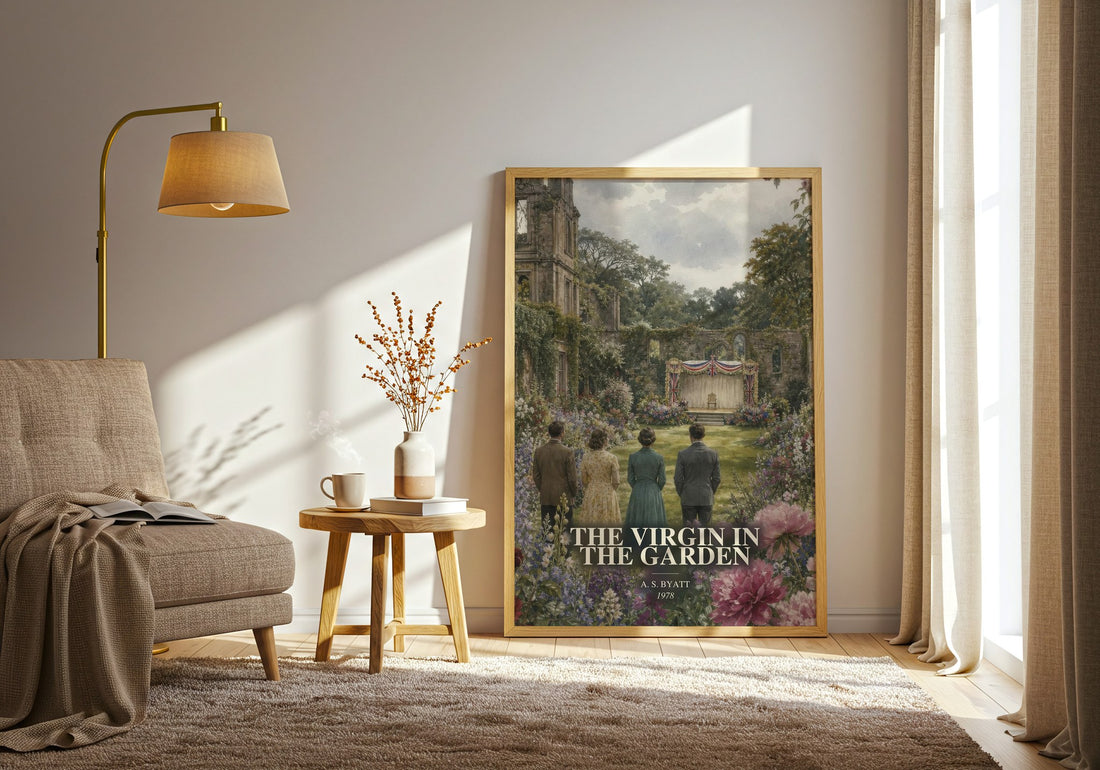 The virgin in the garden watercolour print in frame leaning in hallway – literary fiction wall art