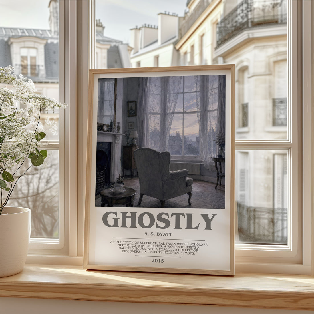 Ghostly bookish poster colour and style options – A. S. Byatt book art