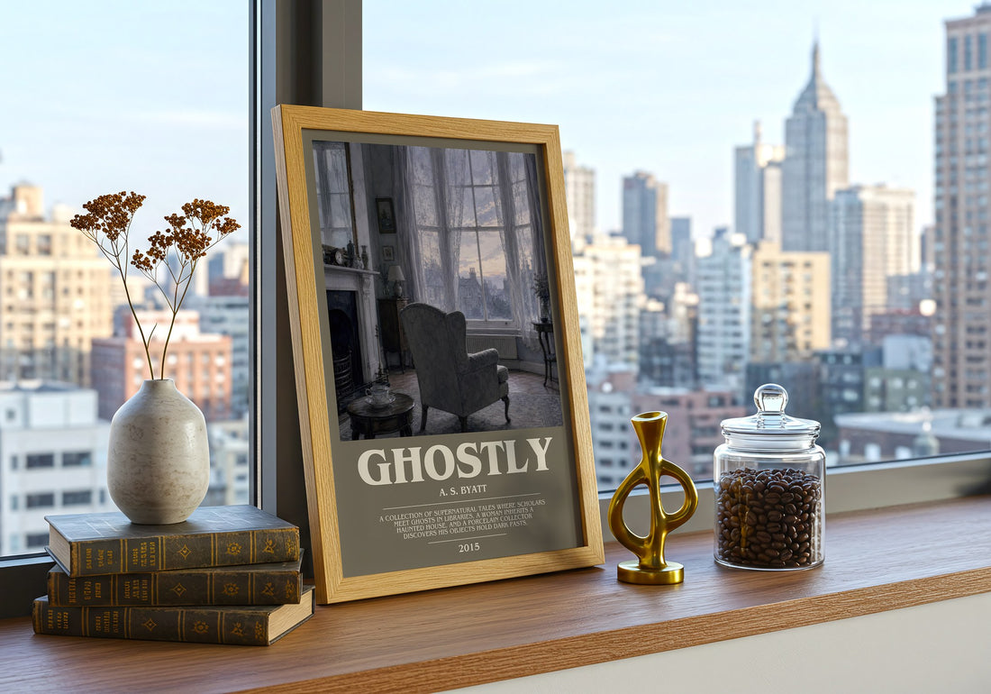 Ghostly bookish print framed by window – literary home decor