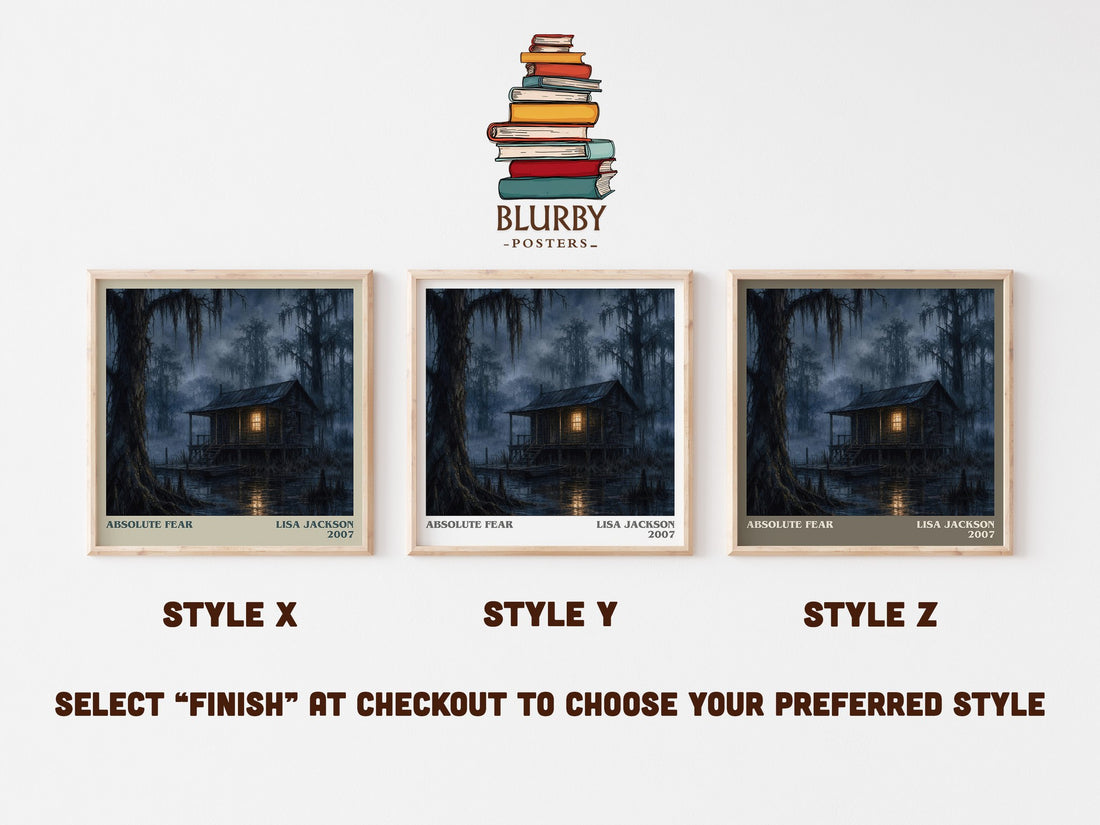 Absolute Fear literary print in frame leaning in hallway – thriller wall art (mockup)